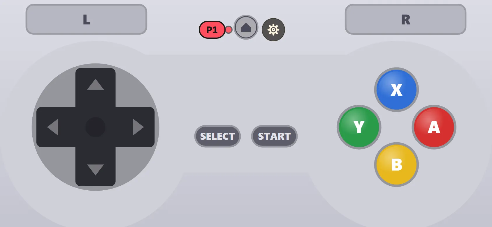 A phone held sideways showing a 16-bit pad: D-pad, Select, Start and four face buttons