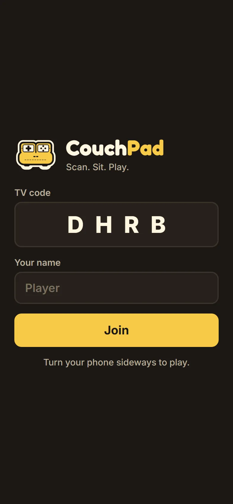 The CouchPad join screen on a phone: the TV code, your name and a Join button